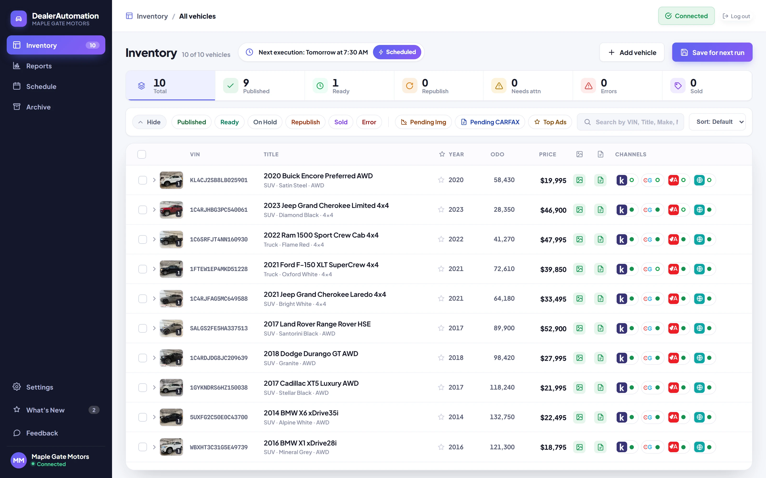 DealerAutomation inventory screen showing real vehicles with per-channel publishing status